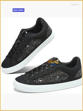 Sequin Glitter Canvas Sneakers - Sparkly Lace-Up Fashion Shoes